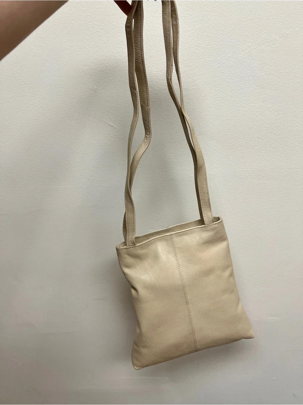Beige Leather Tote with leather Blue Floral Appliqué